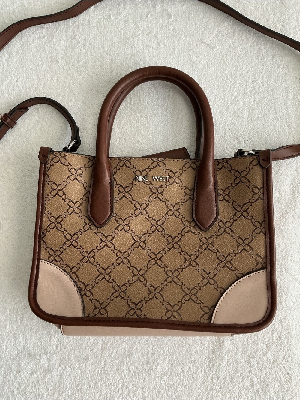 Nine West Brown Monogram Satchel with Beige Accents